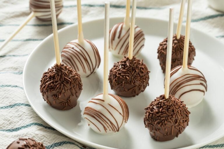 Chocolate and Vanilla Cake Pops on a White Plate