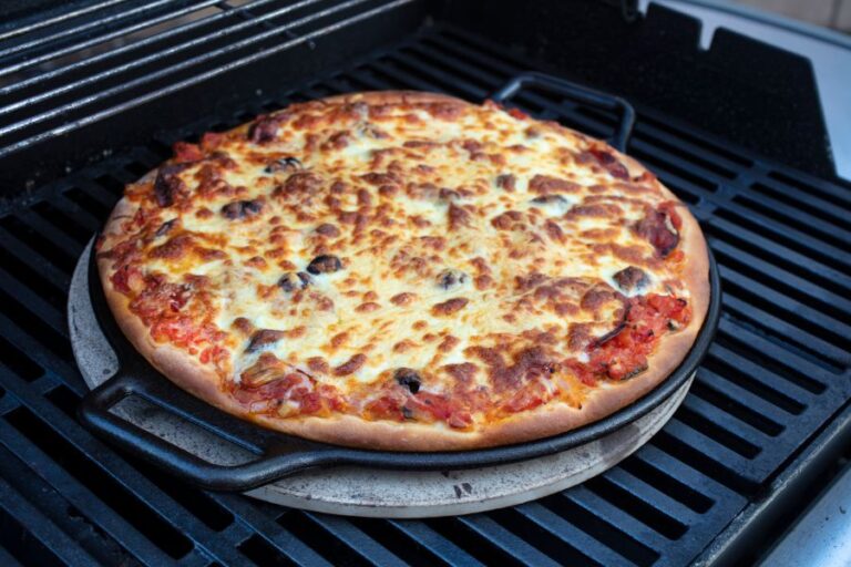 Pepperoni, Tomato, and Cheese Pizza on Skillet on Grill