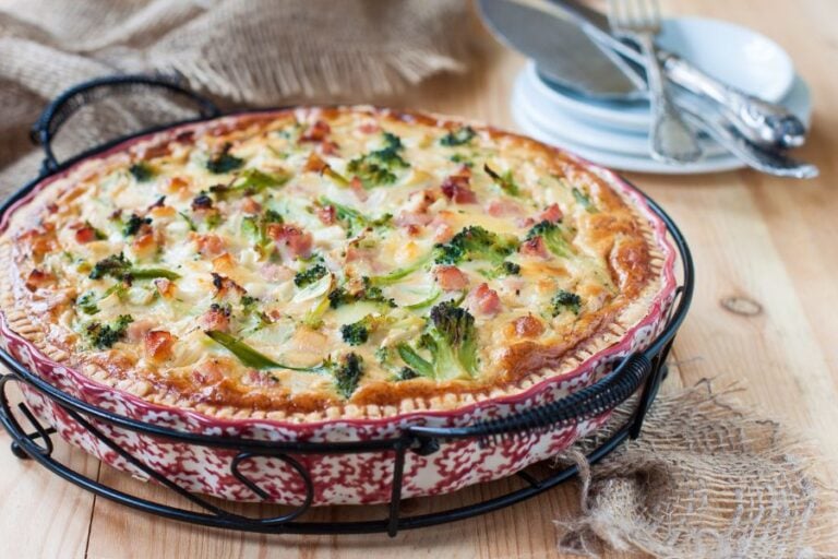 Quiche With Ham and Broccoli on Wooden Table