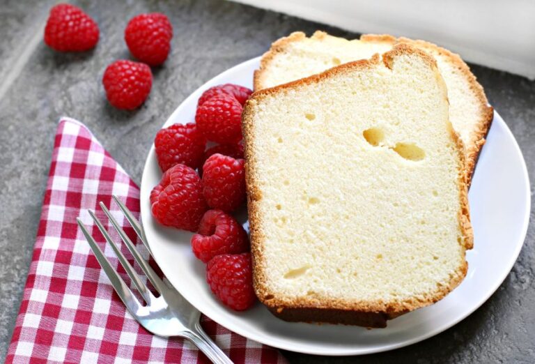 Two Slices of Fresh Pound Cake With Raspberries