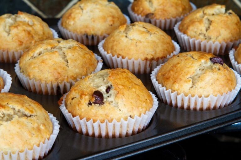 Freshly Made Banana Chocolate Chip Muffins in a Muffin Tin