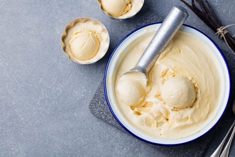 Homemade Vanilla Ice Cream in a Vintage Bowl