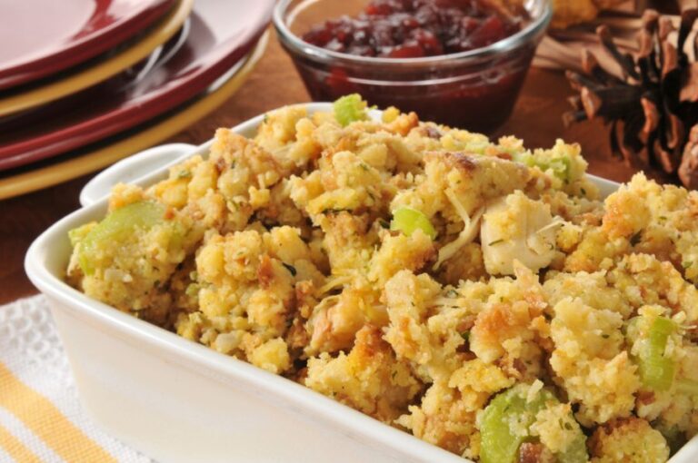 Cornbread Stuffing in a White Baking Dish