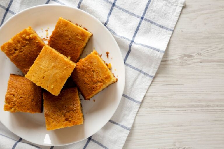 Homemade Sliced Cornbread on a White Plate