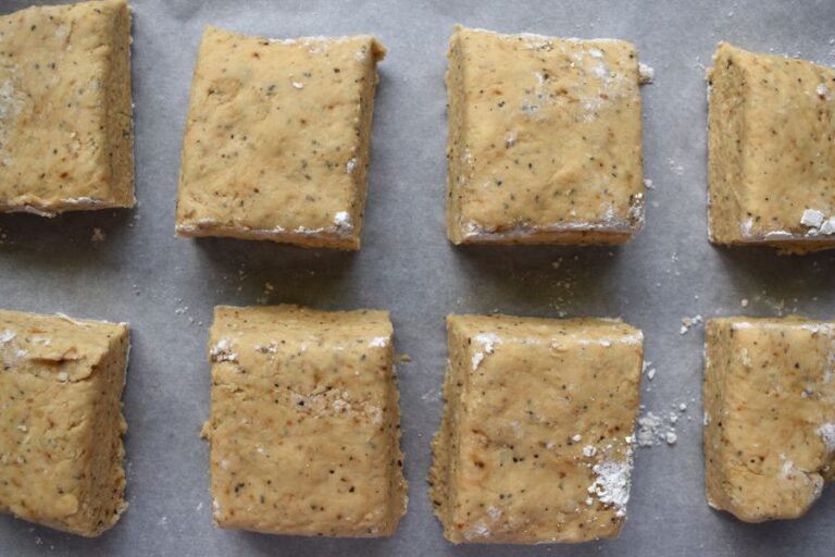 Raw Scones Cut Into Rectangles on a Baking Tray