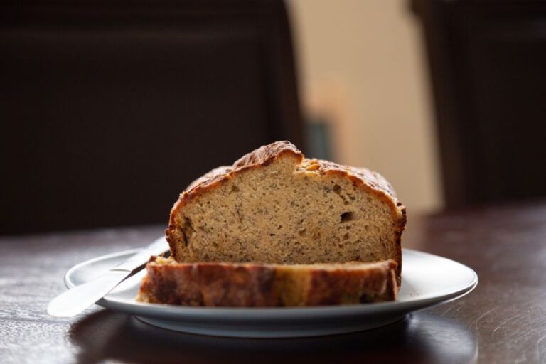 Sliced Dense Banana Bread on a Plate
