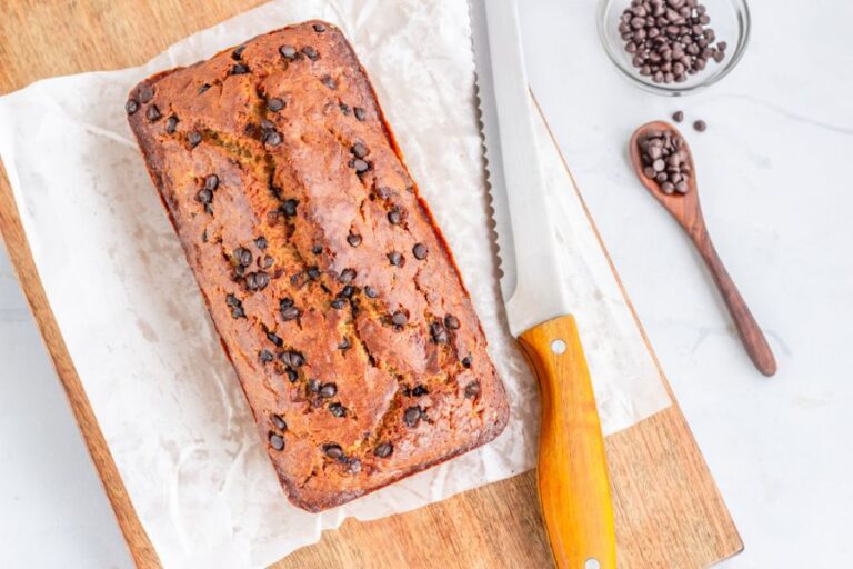 Chocolate Chip Banana Bread Ready to Be Sliced