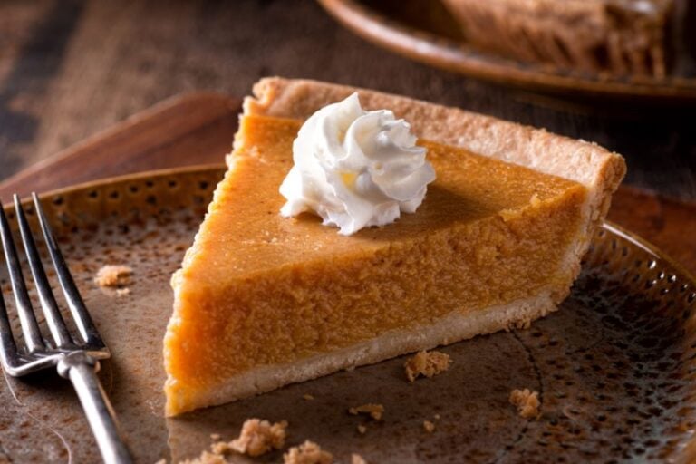 Closeup of a Slice of Pumpkin Pie With a Dollop of Whipped Cream