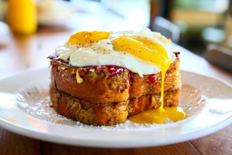 Stack of French Toast With Two Fried Eggs on Top