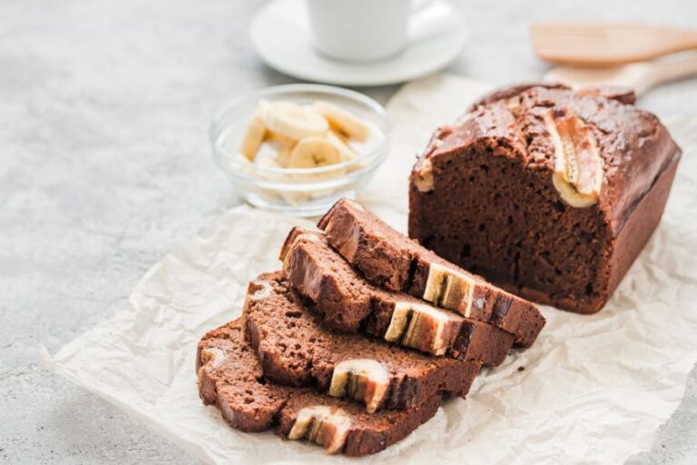Vegan Dark Chocolate Banana Bread on a Concrete Countertop