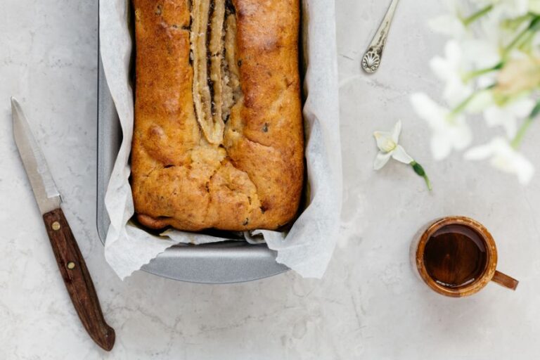 View of Banana Bread in a Pan With a Sunken Middle