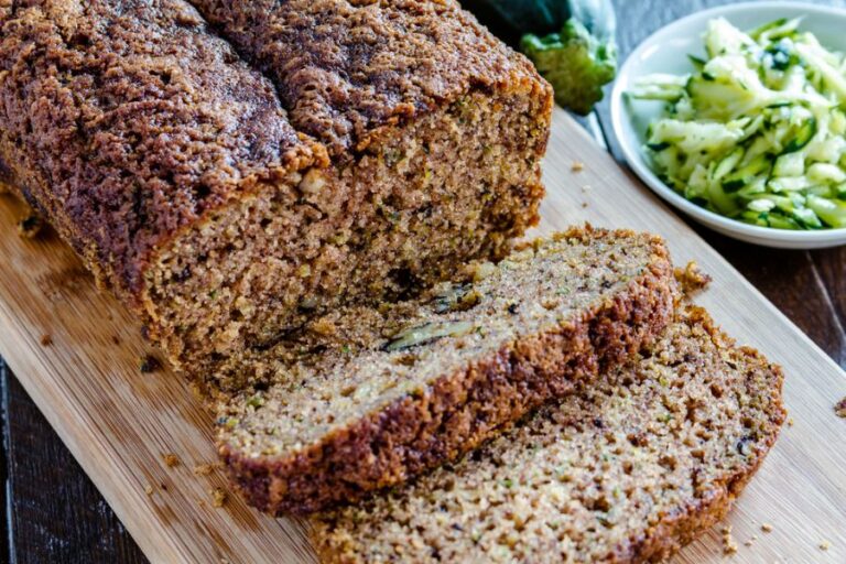 Closeup of Sliced Zucchini Bread on a Cutting Board