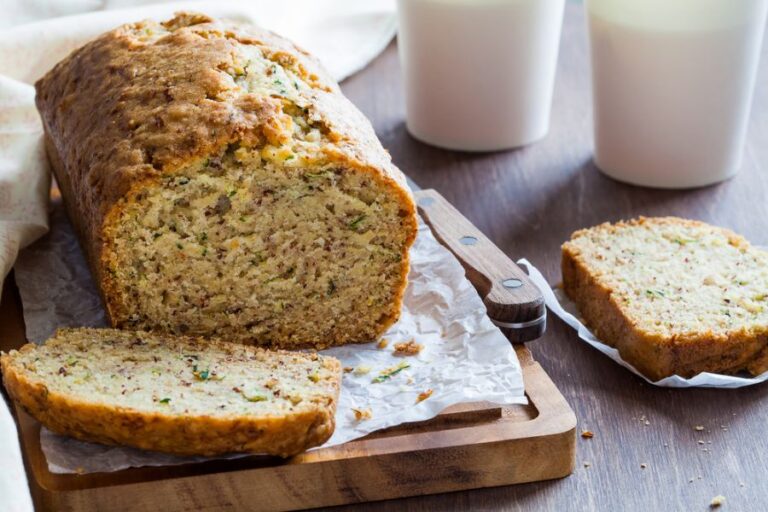 Moist Zucchini Bread Sliced on a Cutting Board