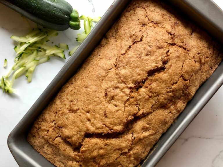 Top Down View of a Loaf of Zucchini Bread in a Pan