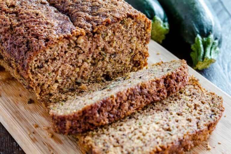 Closeup of Sliced Zucchini Bread on a Cutting Board