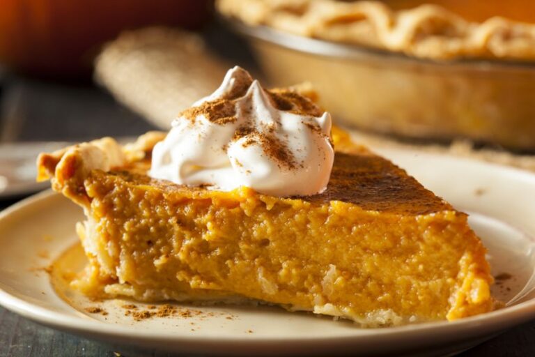 Slice of Pumpkin Pie With Whipped Cream and Cinnamon