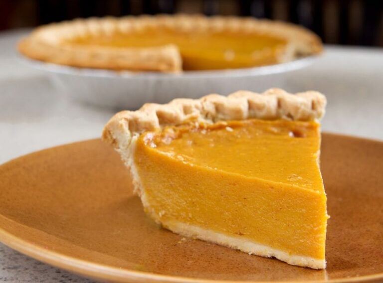 Piece of Pumpkin Pie on a Brown Plate