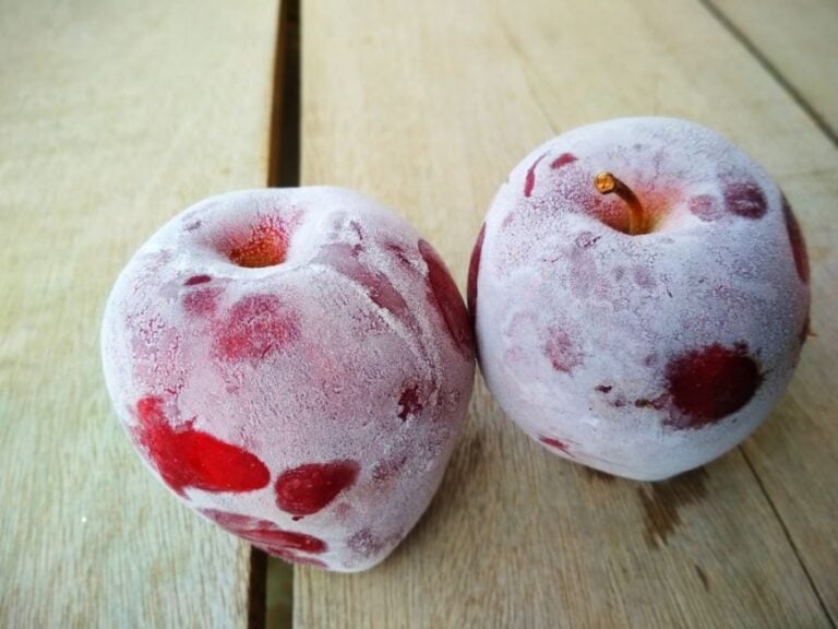 Two Frozen Red Apples on a Wooden Table
