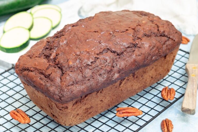 Loaf of Chocolate Zucchini Bread on a Wire Cooling Rack