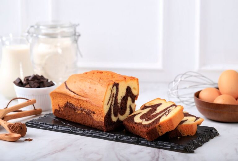 Beautifully Sliced Marble Pound Cake on a Black Stone Plate