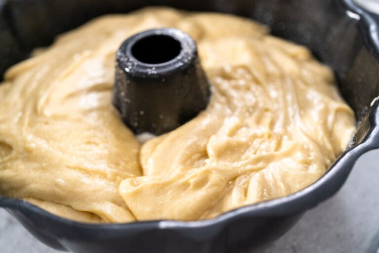 Lemon Pound Cake Batter in a Bundt Cake Pan