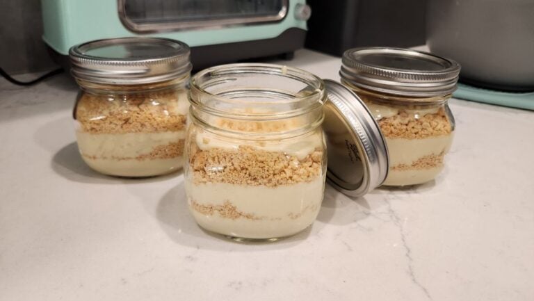 Close-up of Dairy Free Sand Cake in Mason Jars