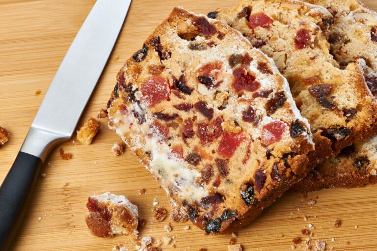 Fruit Cake Pieces on a Cutting Board