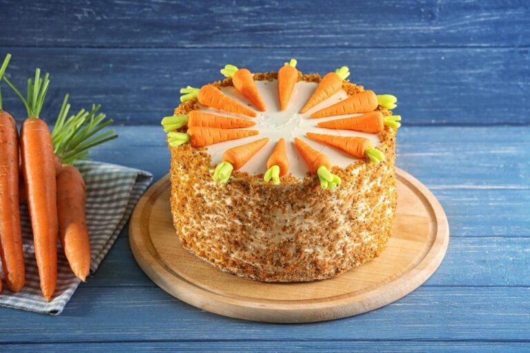 Delicious Carrot Cake on a Wooden Cutting Board