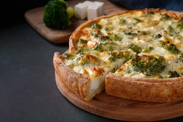 Feta Cheese and Broccoli Quiche on a Wooden Board