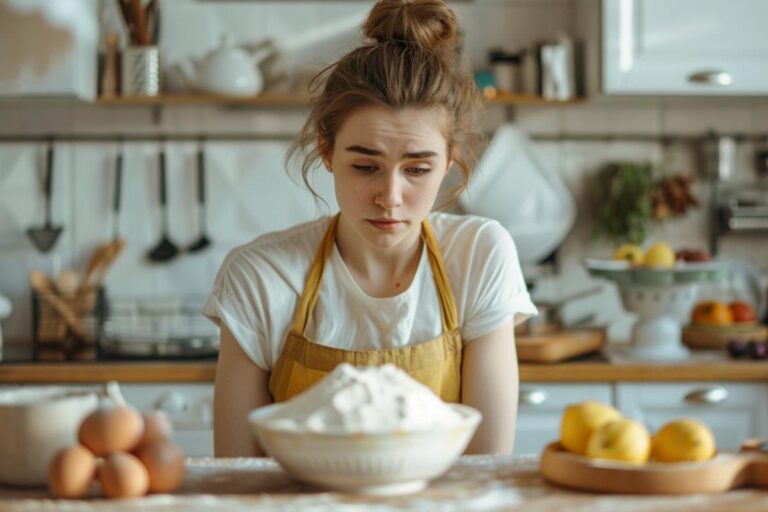 Young Woman Baker Looking at Baking Ingredients With a Worried Look