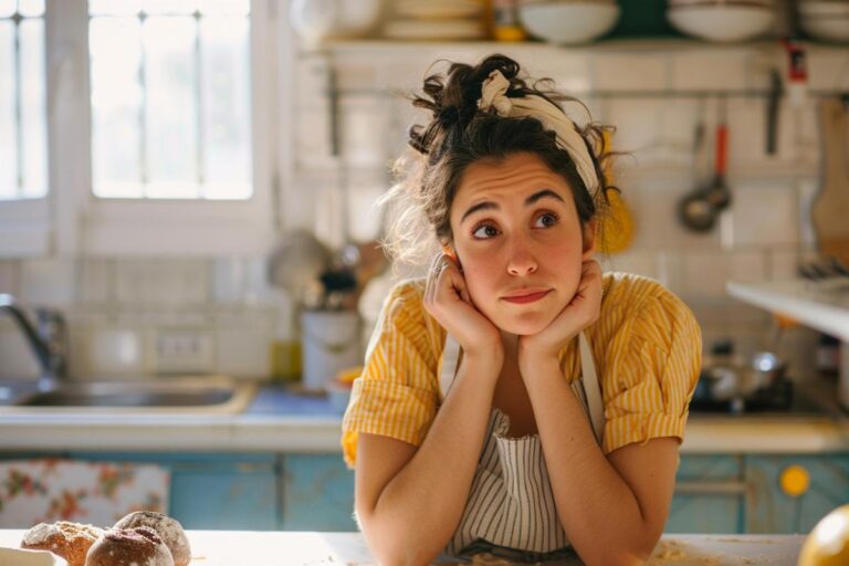Young Baker With Her Head in Her Hands Looking Concerned