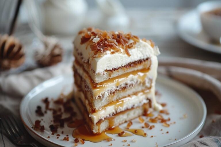 A slice of cake with sugar and caramel shards