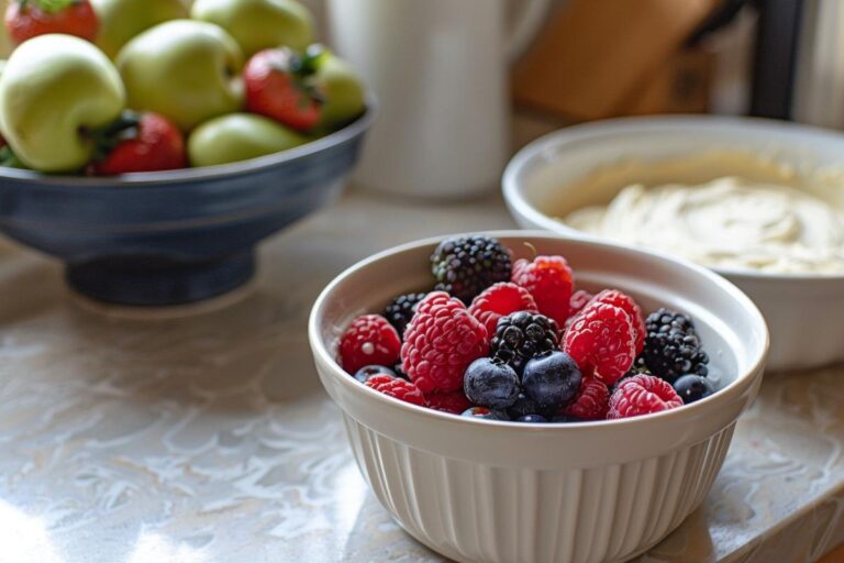 Bowls of Fresh Fruit Next to Cake Batter
