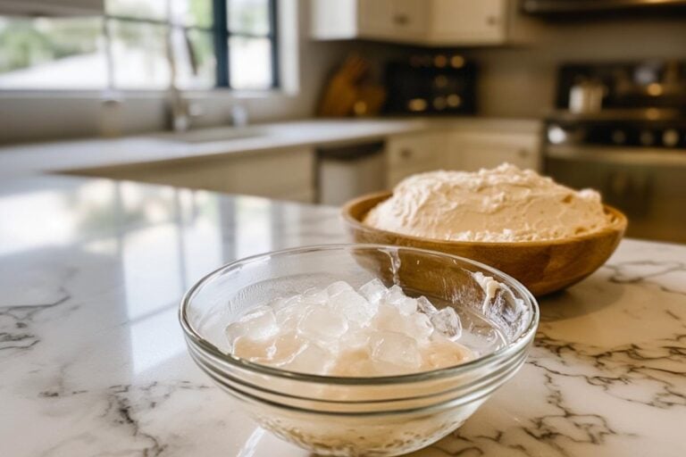 A bowl of Ice Cubes Next to Cake Batter
