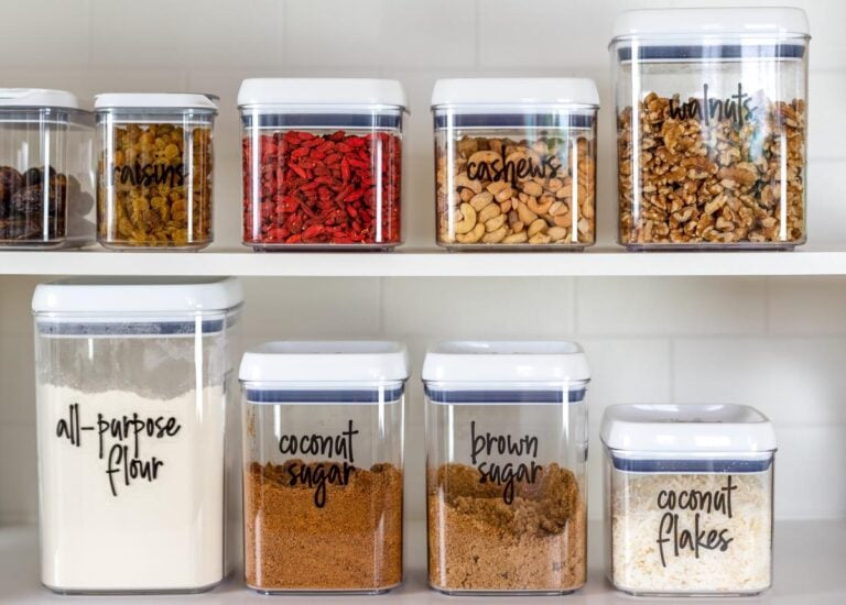 Pantry with baking ingredients labeled